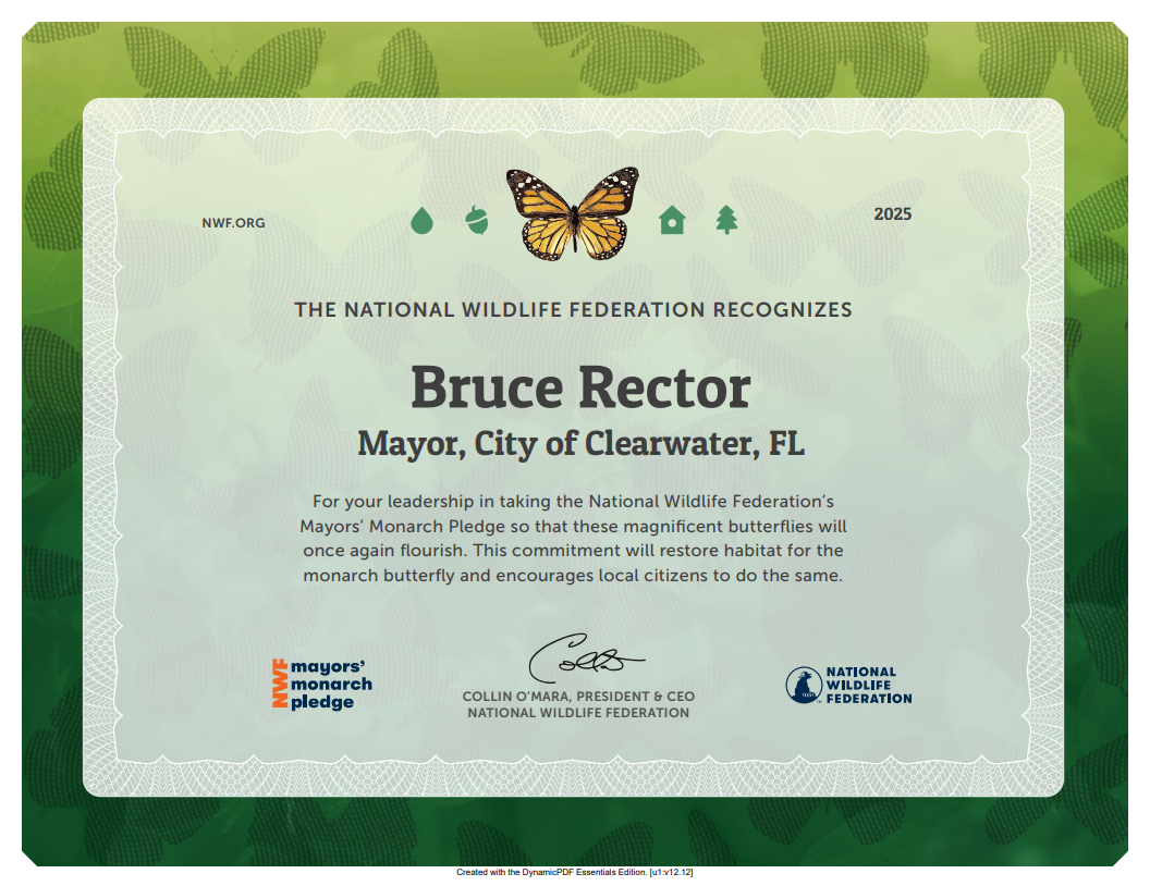 2025 National Wildlife Federation certificate recognizing Clearwater Mayor Bruce Rector for leadership in taking the Mayors’ Monarch Pledge to restore monarch butterfly habitat and encourage residents to do the same.