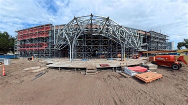Exterior of the new city hall clamshell entrance under construction