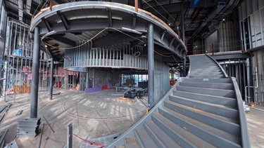 Interior of the new city hall staircase under construction.