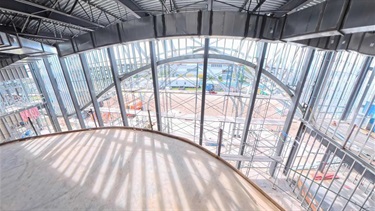 Interior view of the entrance to the new city hall under construction.
