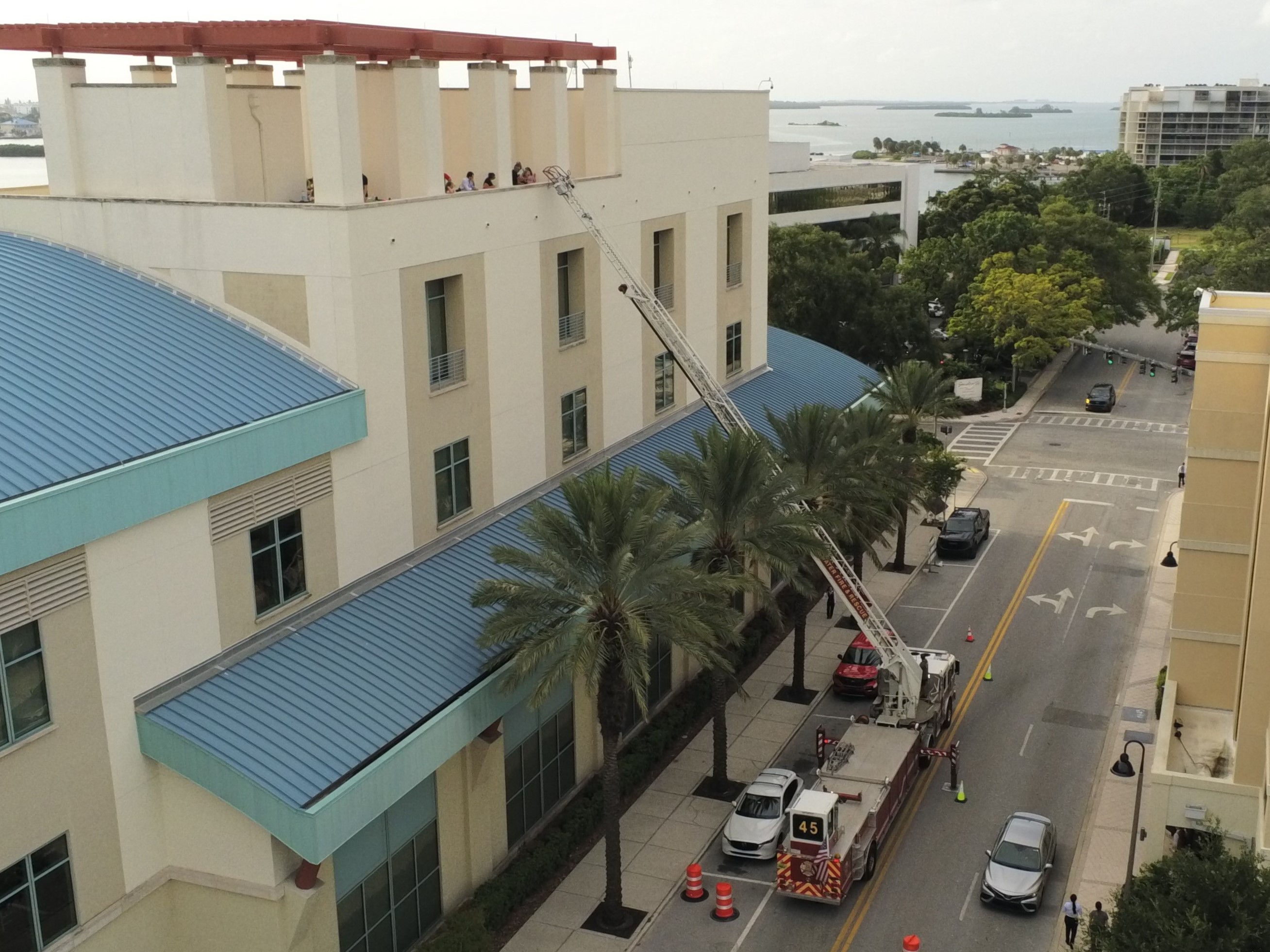 Aerial view of Firefighter ladder on the side on the Library