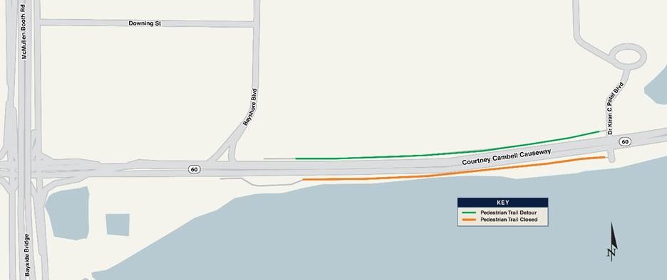 This is a map that shows the 2025 Courtney Campbell Causeway pedestrian trail detour.