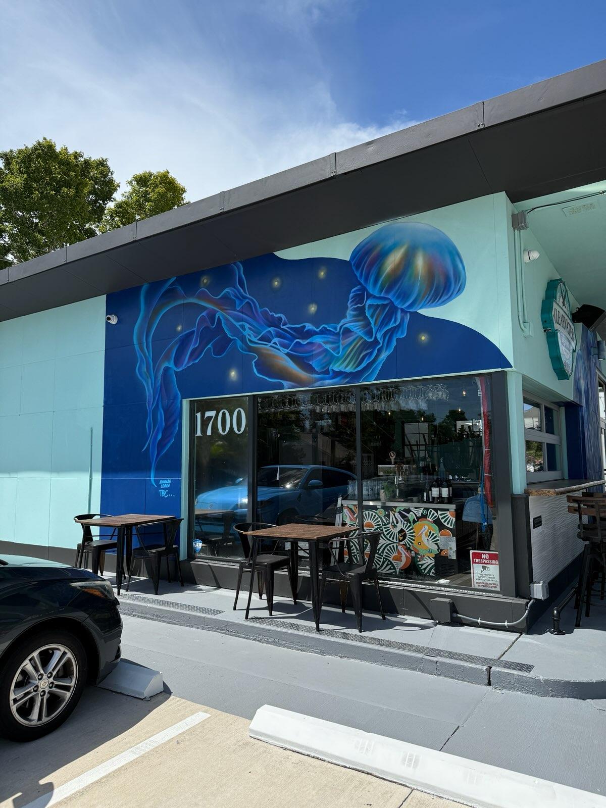 Outdoor wall mural of a jelly fish.