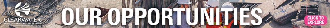 Banner with construction materials and equipment, featuring the text “Our Opportunities,” Clearwater branding, and a “Click to Explore” call to action.