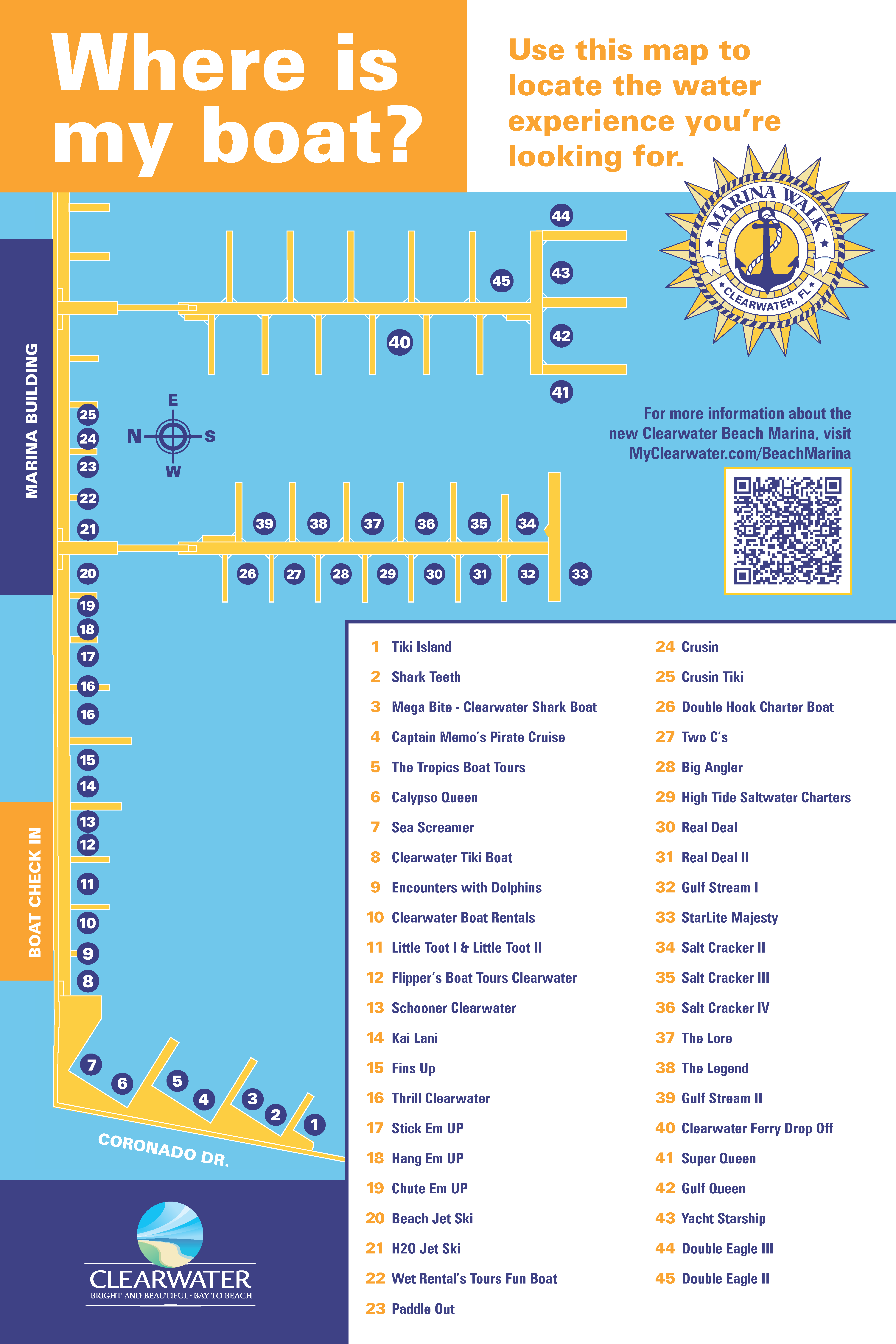 Clearwater Beach Marina Map 2026 - 1 Tiki Island 2 Shark Teeth 3 Mega Bite - Clearwater Shark Boat 4 Captain Memo’s Pirate Cruise 5 The Tropics Boat Tours 6 Calypso Queen 7 Sea Screamer 8 Clearwater Tiki Boat 9 Encounters with Dolphins 10 Clearwater Boat Rentals 11 Little Toot I & Little Toot II 12 Flipper’s Boat Tours Clearwater 13 Schooner Clearwater 14 Kai Lani 15 Fins Up 16 Thrill Clearwater 17 Stick Em UP 18 Hang Em UP 19 Chute Em UP 20 Beach Jet Ski 21 H2O Jet Ski 22 Wet Rental’s Tours Fun Boat 23 Paddle Out 24 Crusin 25 Crusin Tiki 26 Double Hook Charter Boat 27 Two C’s 28 Big Angler 29 High Tide Saltwater Charters 30 Real Deal 31 Real Deal II 32 Gulf Stream I 33 StarLite Majesty 34 Salt Cracker II 35 Salt Cracker III 36 Salt Cracker IV 37 The Lore 38 The Legend 39 Gulf Stream II 40 Clearwater Ferry Drop Off 41 Super Queen 42 Gulf Queen 43 Yacht Starship 44 Double Eagle III 45 Double Eagle II
