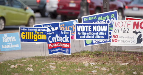 Temporary political signs on a lawn.